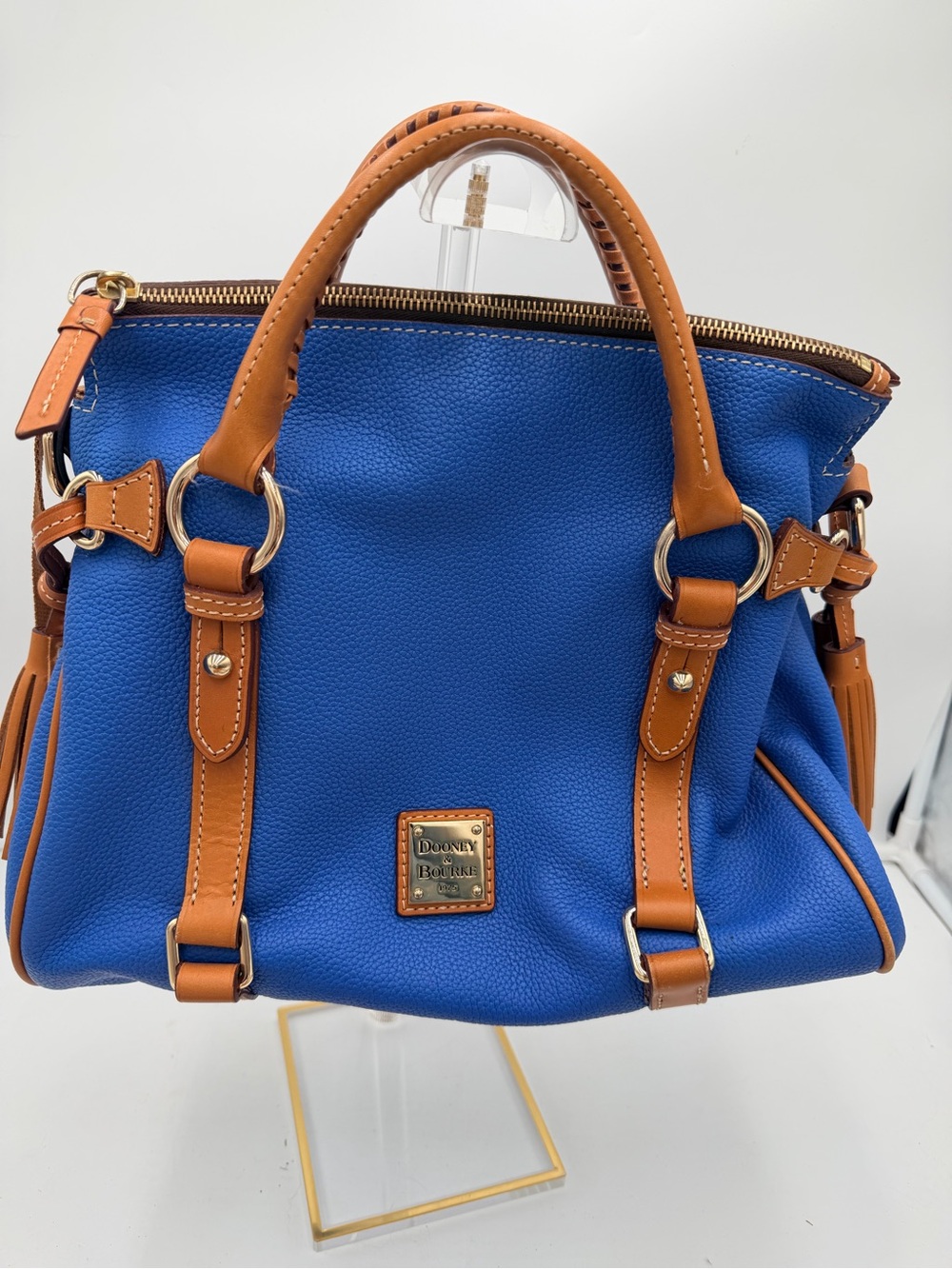 Dooney & Bourke Blue Leather Satchel with Tan Trim